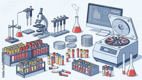 Laboratory equipment for scientific research and experiments with various test tubes, microscopes,