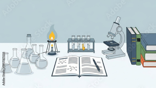 A laboratory setup with beakers, test tubes, a microscope, and books on a table with a lit bunsen burner
