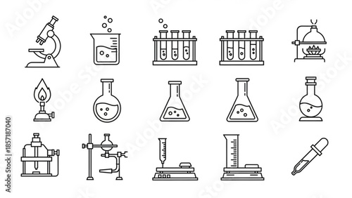 Laboratory equipment icons including microscopes, beakers, flasks, test tubes, and pipettes for science
