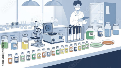 Scientist in lab coat working with various test tubes and bottles on laboratory countertop with microscope