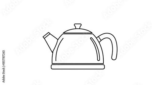 A detailed line drawing of a traditional tea kettle with a curved spout and handle on a flat surface