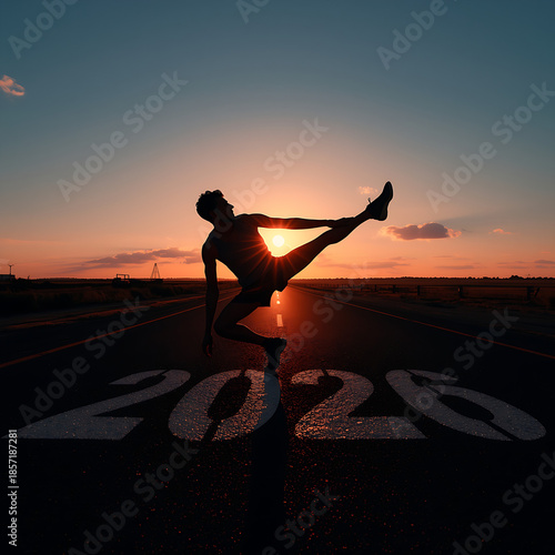 New Year 2026 represents a new beginning, illustrated by an athlete woman runner stretching her leg on an asphalt road at sunset, symbolizing preparation for challenges ahead in her career path.