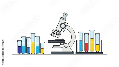 Laboratory microscope with colorful test tubes on a clean white background for science and research
