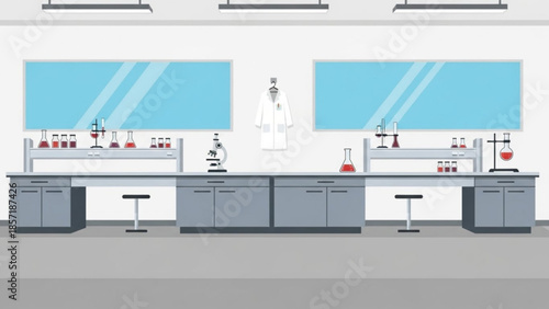 A laboratory interior with two workstations, cabinets, and various scientific equipment