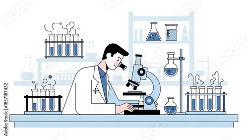 Scientist in lab coat examining sample under microscope with various laboratory equipment