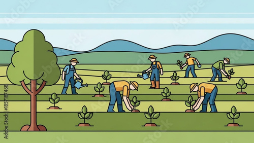 Farmers planting trees and watering young plants in a field with mountains