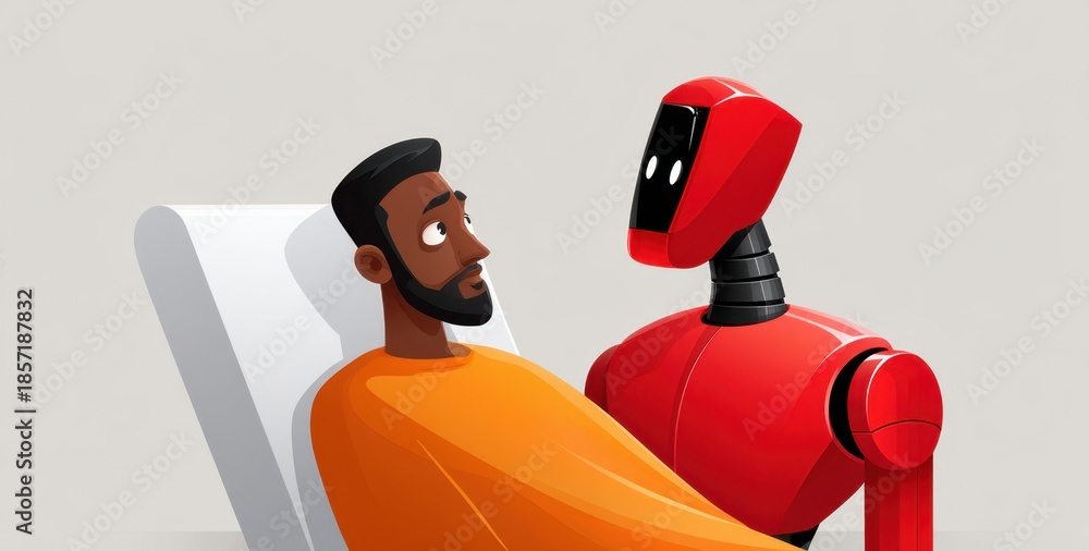 Naklejka premium Ai diagnosis assistant interacting with patient in friendly hospital room illustration