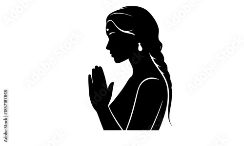 Silhouette of Indian Woman in Prayer Pose, Namaste Greeting Profile of Woman in Traditional Saree, Spiritual Meditation and Yoga Mindfulness Vector Illustration