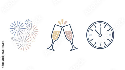 Celebratory illustration including fireworks, toasting champagne glasses, and a clock at five minutes to midnight.