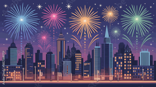 Fireworks light up the night sky over a cityscape.