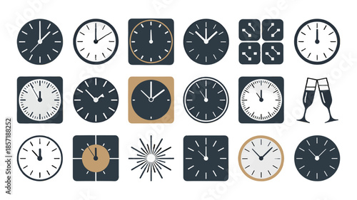 An array of various time clocks with different shapes.