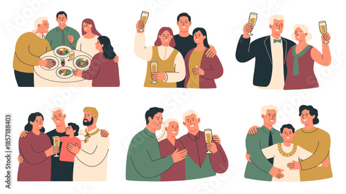 Family gathering illustration with toast for a celebratory event.