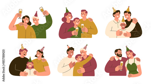 Celebratory moments of diverse families with champagne in hand.