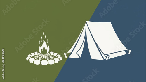 Camping scene with tent and campfire illustration.