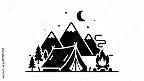 Camping scene with tent mountains campfire and moon illustration.