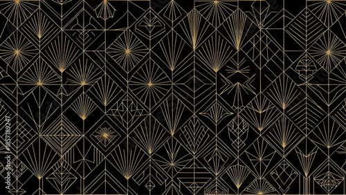 Art Deco Seamless Pattern Gold Geometric Lines on Black Background Luxury Texture