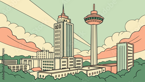 San antonio skyline with skyscrapers and tower against stylized nature backdrop. Perfect for brochures, websites, and travel publications.