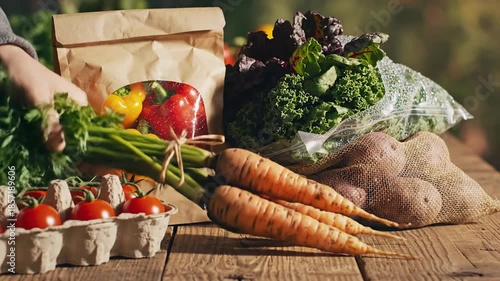 Fresh produce arrangement on wooden surface with natural lighting