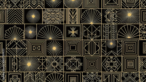 Luxury Art Deco Mosaic Tile Pattern Gold and Black Geometric Ornaments Background