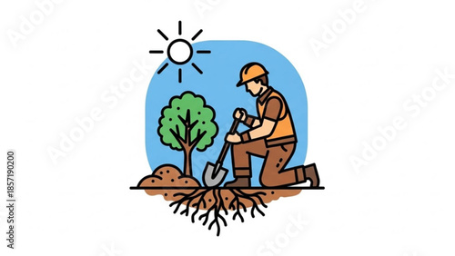 Man planting tree with shovel under sunny blue sky with roots and soil