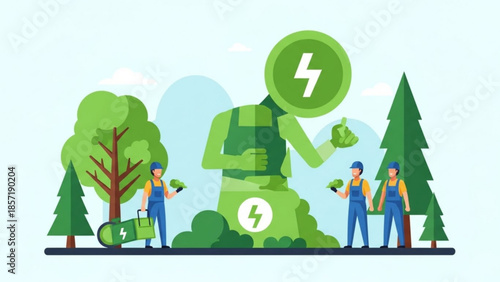 Eco friendly workers maintaining green environment with energy symbol