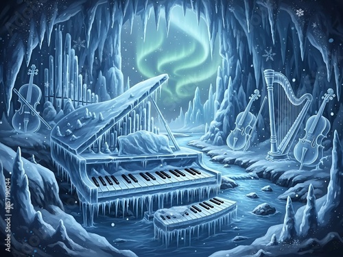 Wallpaper Mural Beautiful Christmas Ornament Enchanted Frozen Grand Piano with Icy Harp Background Torontodigital.ca