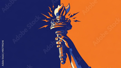 Vibrant illustration of a torch with flame on a contrasting dark blue and orange background