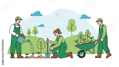 Three gardeners planting trees and watering plants in a sunny outdoor setting with a wheelbarrow