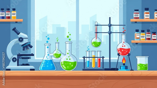 Colorful laboratory equipment and microscope on wooden desk in front of city view window with shelves