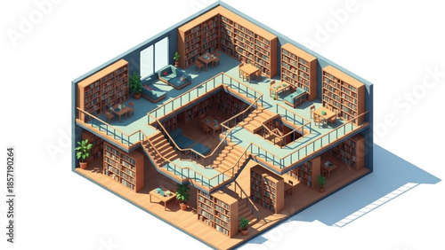 Isometric view of a modern multi level library with bookshelves, staircase, and reading areas, interior