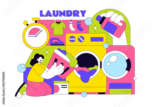 Laundry Room Vector Illustration Featuring Washing And Drying Machines, Basket Filled Dirty Clothes in a Flat Style Cartoon Background
