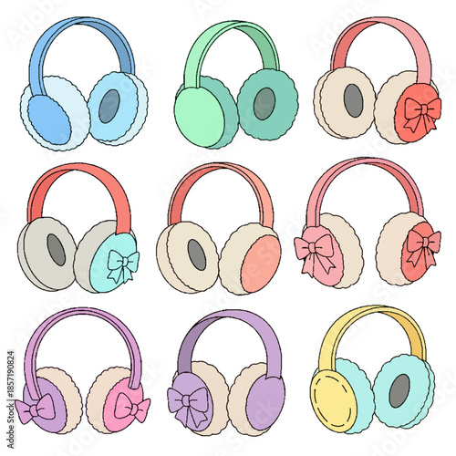 A charming collection of nine cozy and colorful ear warmers, featuring various cute designs with bows, perfect for stylish winter accessories in a vector illustration set