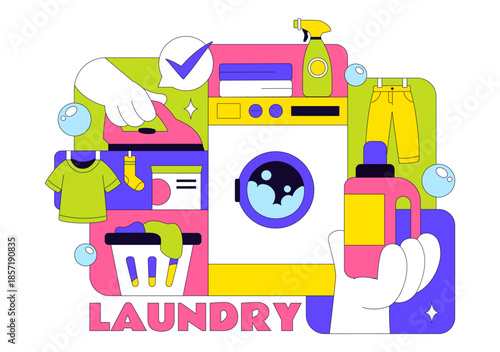 Laundry Room Vector Illustration Featuring Washing And Drying Machines, Basket Filled Dirty Clothes in a Flat Style Cartoon Background