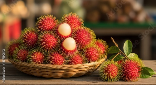 Fresh Rambutan Fruit in a Woven Basket on a Wooden Table.