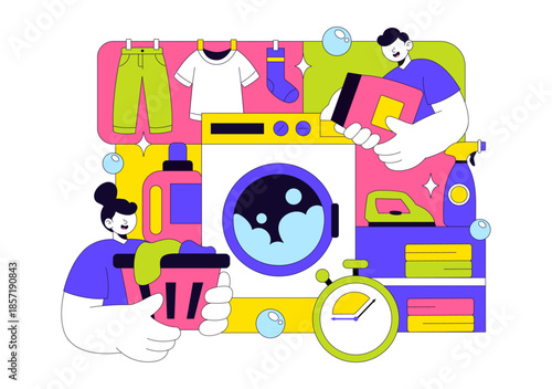 Laundry Room Vector Illustration Featuring Washing And Drying Machines, Basket Filled Dirty Clothes in a Flat Style Cartoon Background
