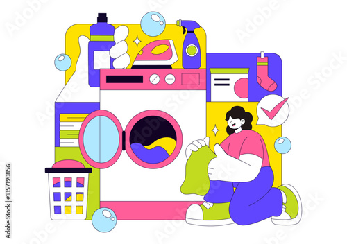 Laundry Room Vector Illustration Featuring Washing And Drying Machines, Basket Filled Dirty Clothes in a Flat Style Cartoon Background