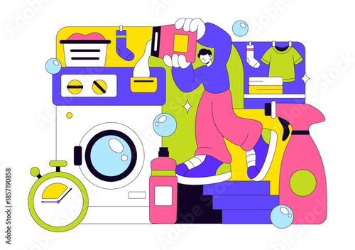 Laundry Room Vector Illustration Featuring Washing And Drying Machines, Basket Filled Dirty Clothes in a Flat Style Cartoon Background