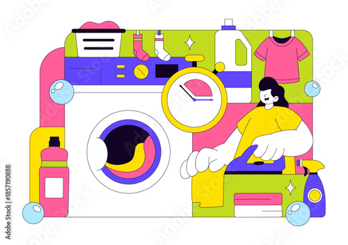 Laundry Room Vector Illustration Featuring Washing And Drying Machines, Basket Filled Dirty Clothes in a Flat Style Cartoon Background
