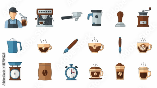 Coffee making equipment and barista illustration set.