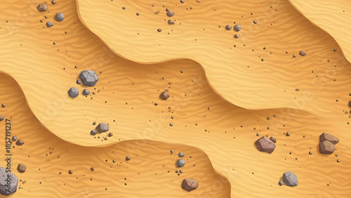 Abstract aerial view of golden desert sand dunes with scattered rocks and pebbles, creating a textured wavy pattern, ideal for backgrounds and natural environment concepts