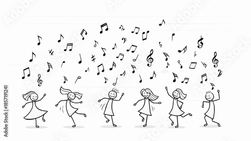 Children dancing happily with musical notes floating around them.
