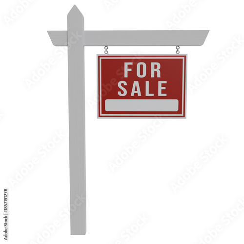 3d render Real estate for sale sign on white wooden post with red hanging board and blank space for contact info