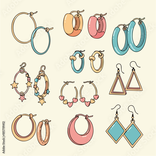 Vibrant vector drawing featuring a diverse set of stylish hoop, stud, and dangle earrings, showcasing modern jewelry accessories and playful fashion trends