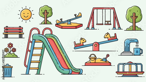 Childrens playground equipment and elements illustration.