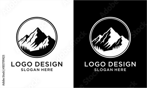 Mountain Peak Logo Design with Forest Landscape in Circle.