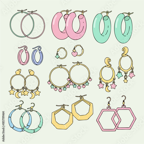 Collection of stylish and fashionable dangling hoop earrings and studs in various shapes and colors, perfect for accessory lovers
