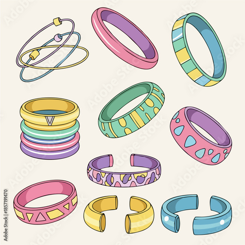 Collection of colorful bangles and bracelets with geometric and abstract patterns