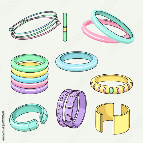 Vibrant collection of illustrated bracelets and bangles, showcasing diverse styles and colors, perfect for fashion accessories and jewelry designs