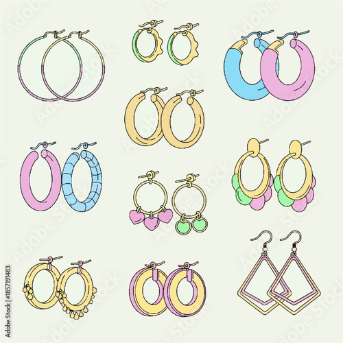Vibrant collection of stylish fashion earrings in various designs and colors, a modern hand-drawn vector illustration set perfect for jewelry and accessory concepts