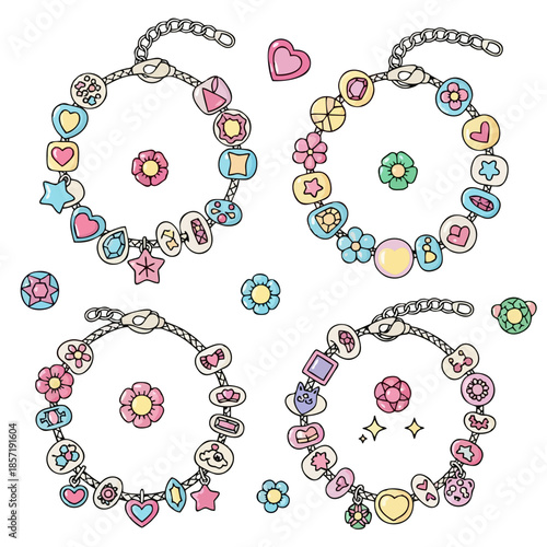 Cute cartoon bracelets with various colorful charms and floral embellishments, ideal for children's accessories